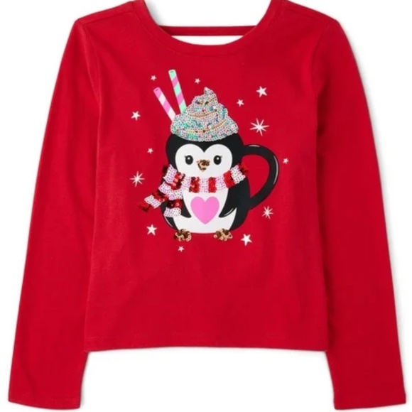 The Children's Place Other - Girls Graphic Top, Size M, long sleeves, red, NEW WITH TAGS  Sequin Penguin